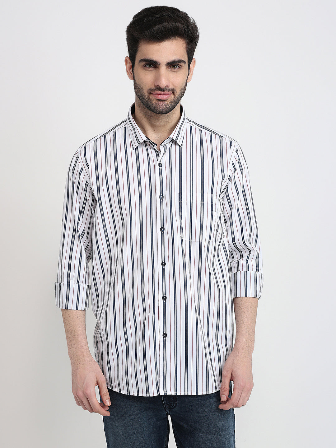 Raymond Men White Stripe Regular Fit Cotton Full Sleeve Casual Shirt