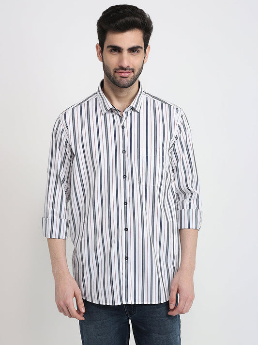 Raymond Men White Stripe Regular Fit Cotton Full Sleeve Casual Shirt