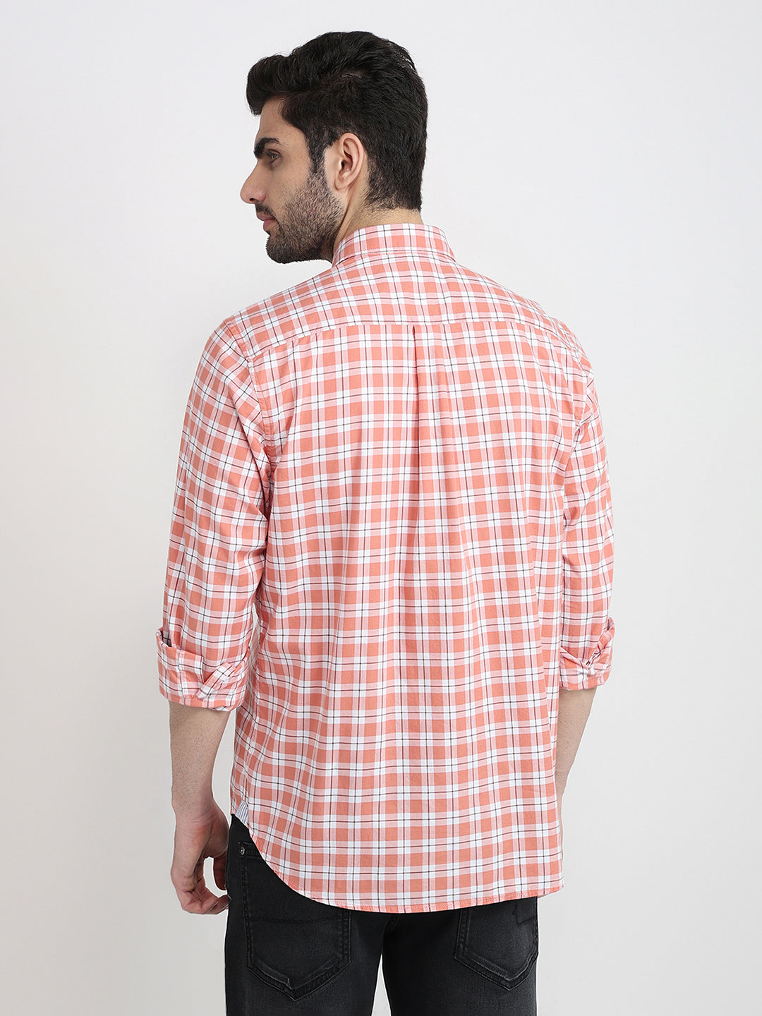 Raymond Men Orange Checks Regular Fit Cotton Full Sleeve Casual Shirt