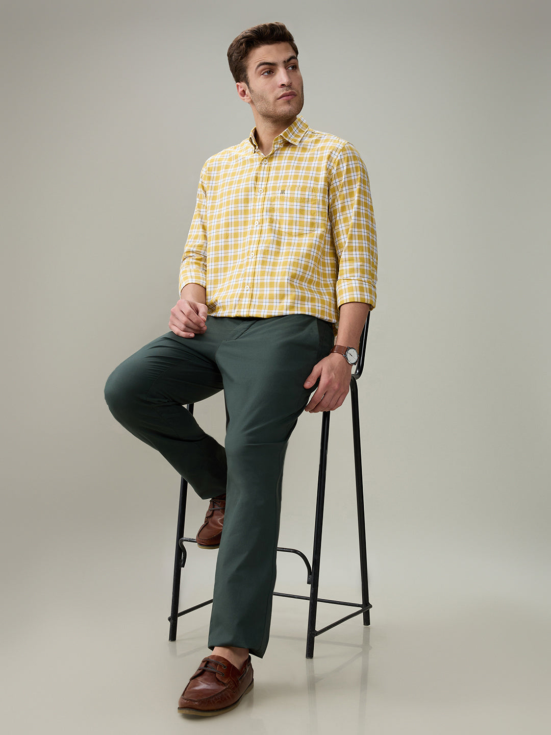 Raymond Men Yellow Checks Regular Fit Cotton Full Sleeve Casual Shirt