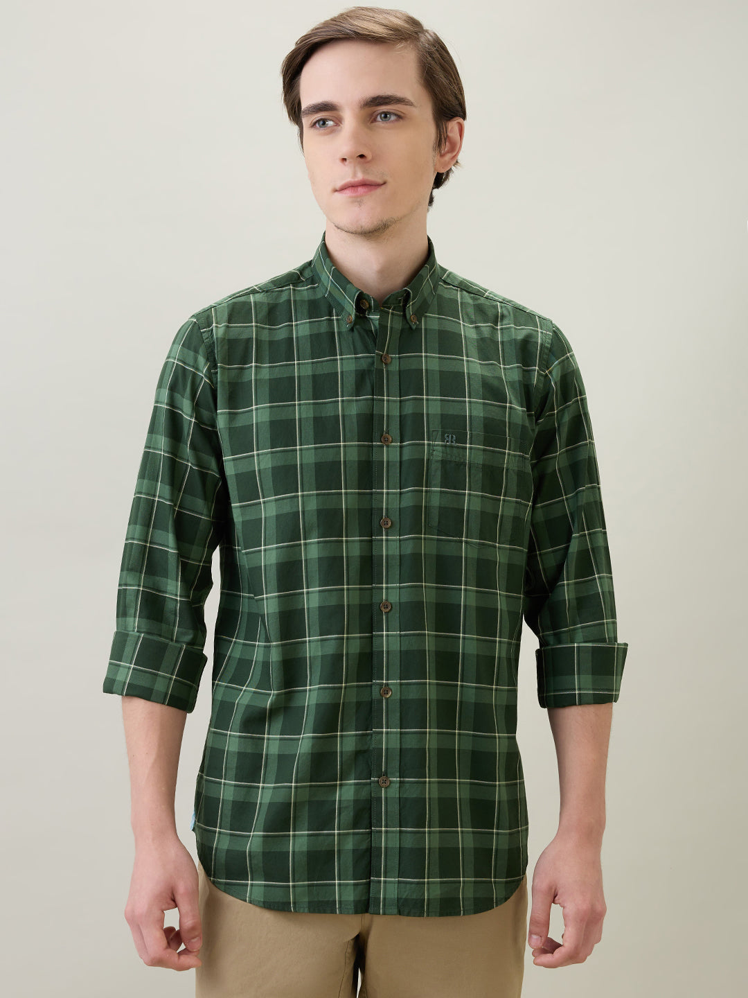 Raymond Men Green Checks Regular Fit Cotton Full Sleeve Casual Shirt