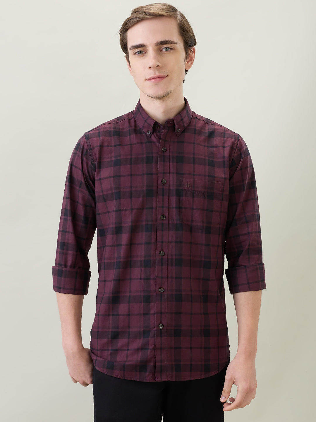 Raymond Men Brown Checks Regular Fit Cotton Full Sleeve Casual Shirt