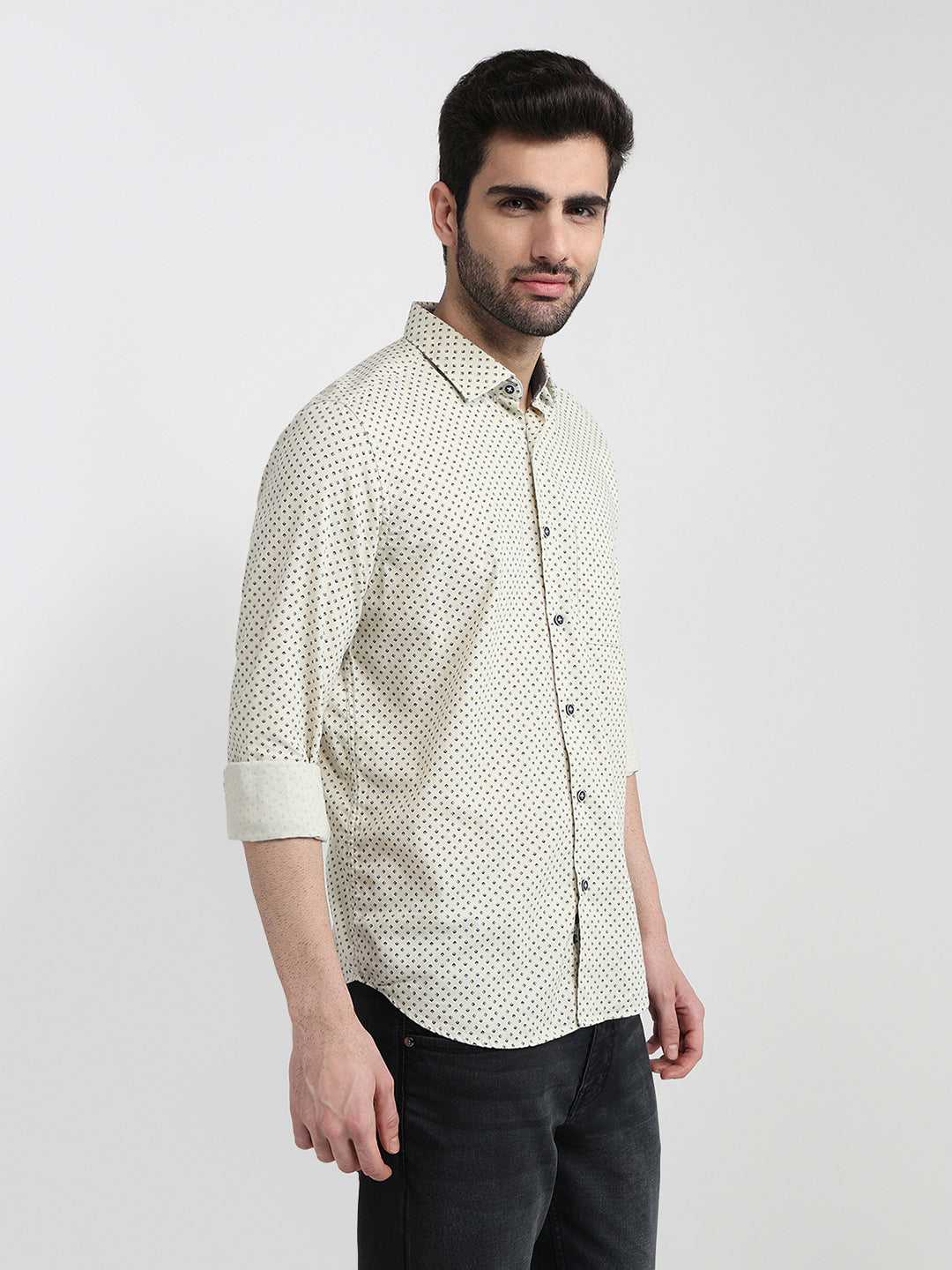 Raymond Men Yellow Printed Regular Fit Cotton Full Sleeve Regular Collar Casual Shirt