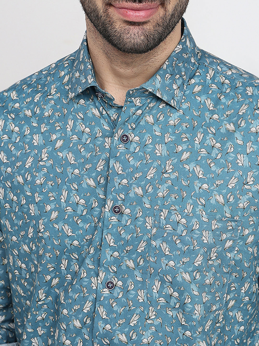 Raymond Men Blue Printed Regular Fit Cotton Blend Full Sleeve Casual Shirt