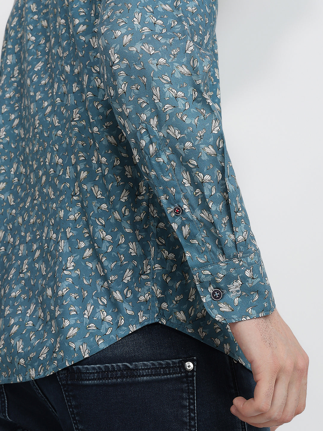 Raymond Men Blue Printed Regular Fit Cotton Blend Full Sleeve Casual Shirt