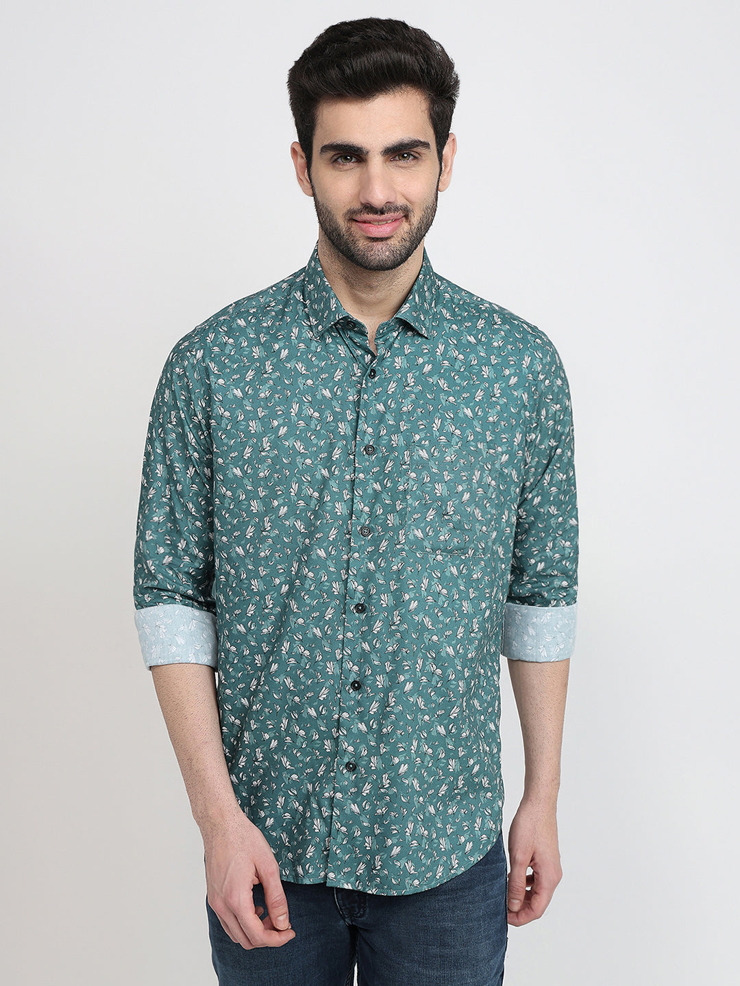 Raymond Men Green Printed Regular Fit Cotton Blend Full Sleeve Casual Shirt
