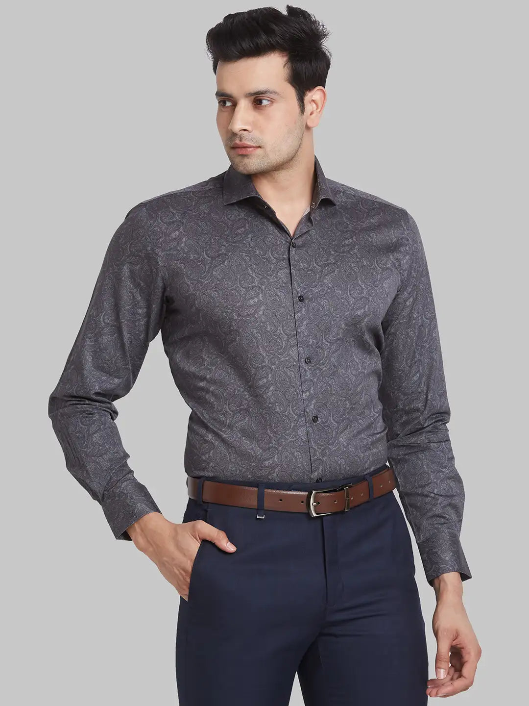 Men Grey Slim Print Cotton Shirts
