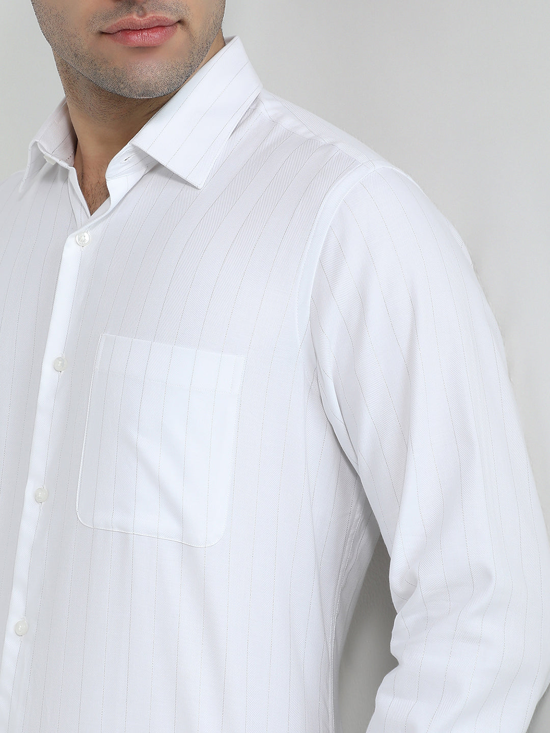 Raymond Men Grey Stripe Contemporary Fit Cotton Blend Full Sleeve Formal Shirt