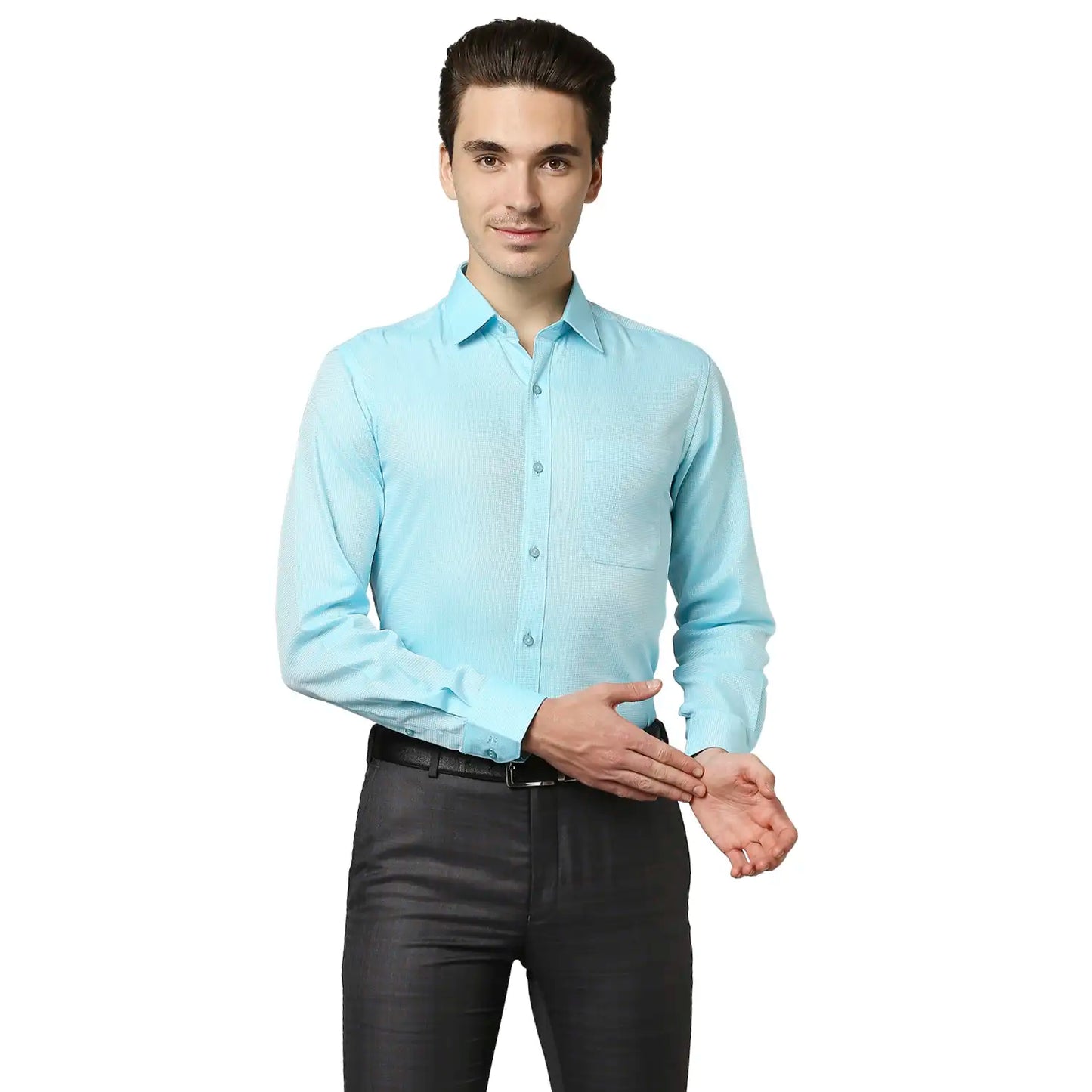 Men Green Contemporary Fit Structure Cotton Full Sleeve Shirts