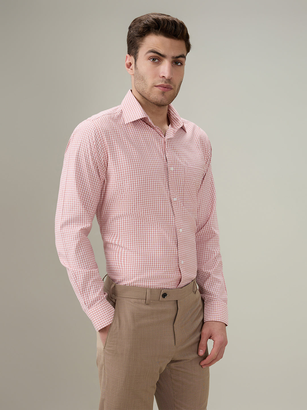 Raymond Men Orange Checks Slim Fit Bamboo Blend Full Sleeve Formal Shirt