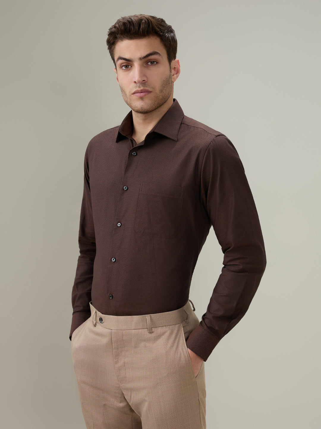 Raymond Men Brown Solid Chambray Slim Fit Cotton Full Sleeve Formal Shirt