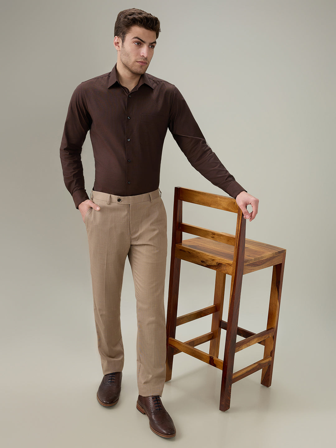 Raymond Men Brown Solid Chambray Slim Fit Cotton Full Sleeve Formal Shirt