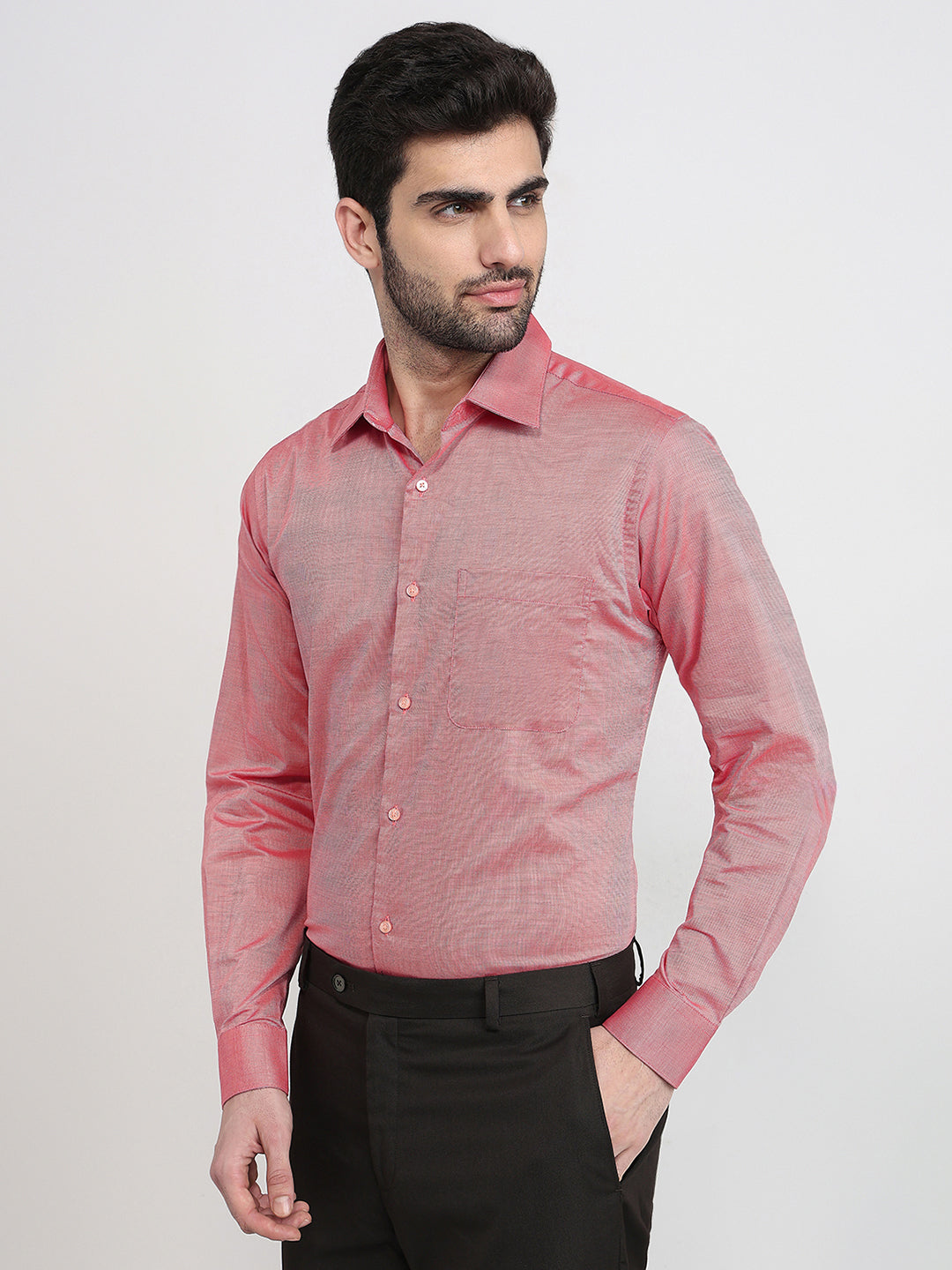 Raymond Men Red Solid Chambray Slim Fit Cotton Full Sleeve Formal Shirt