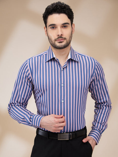 Raymond Men Blue Stripe Slim Fit Cotton Formal Shirts