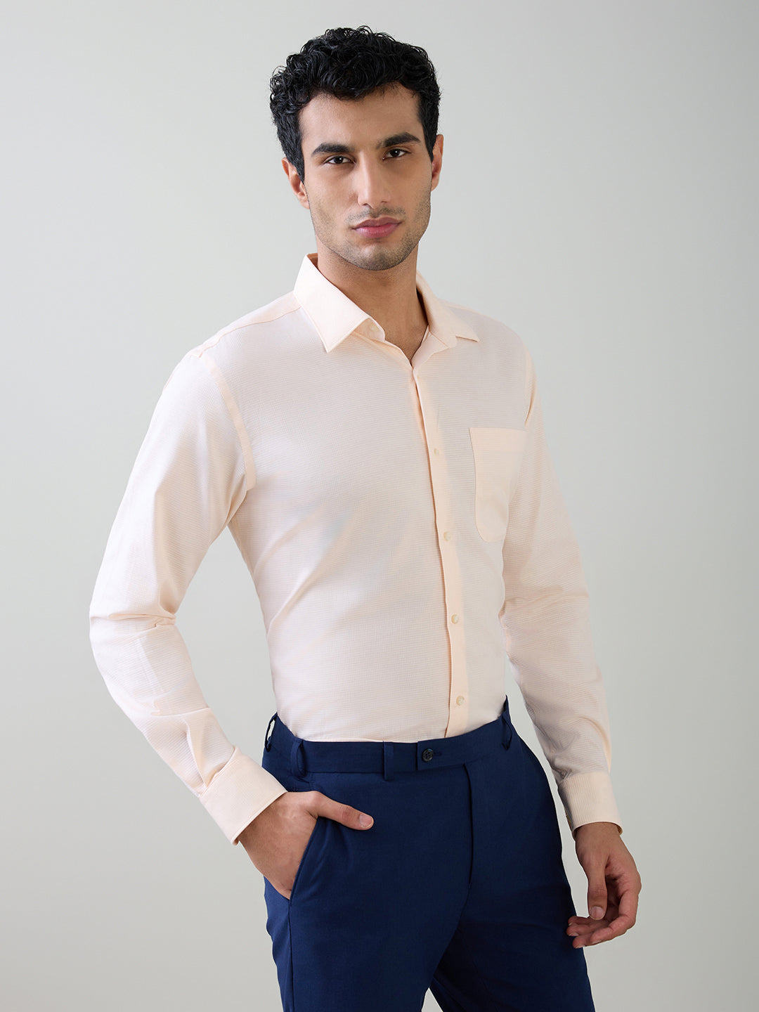 Raymond Men Brown Structure Contemporary Fit Cotton Full Sleeve Cut Away Collar Formal Shirt