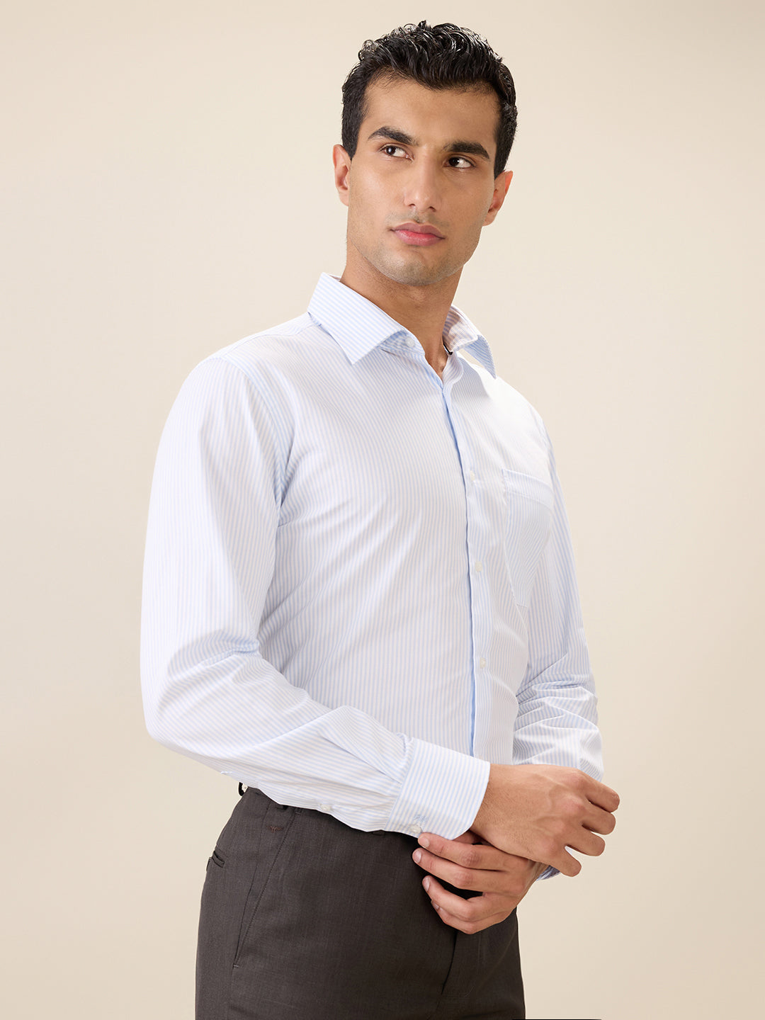 Raymond Men Blue Stripe Regular Fit Cotton Full Sleeve Formal Shirt