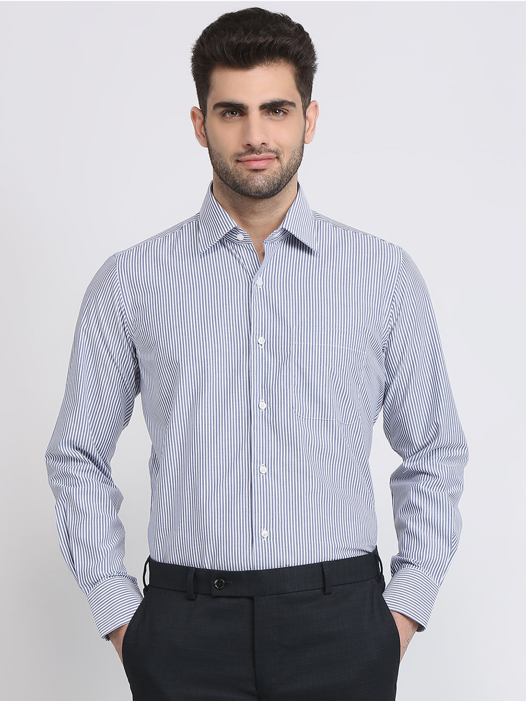 Raymond Men Blue Stripe Regular Fit Cotton Full Sleeve Formal Shirt