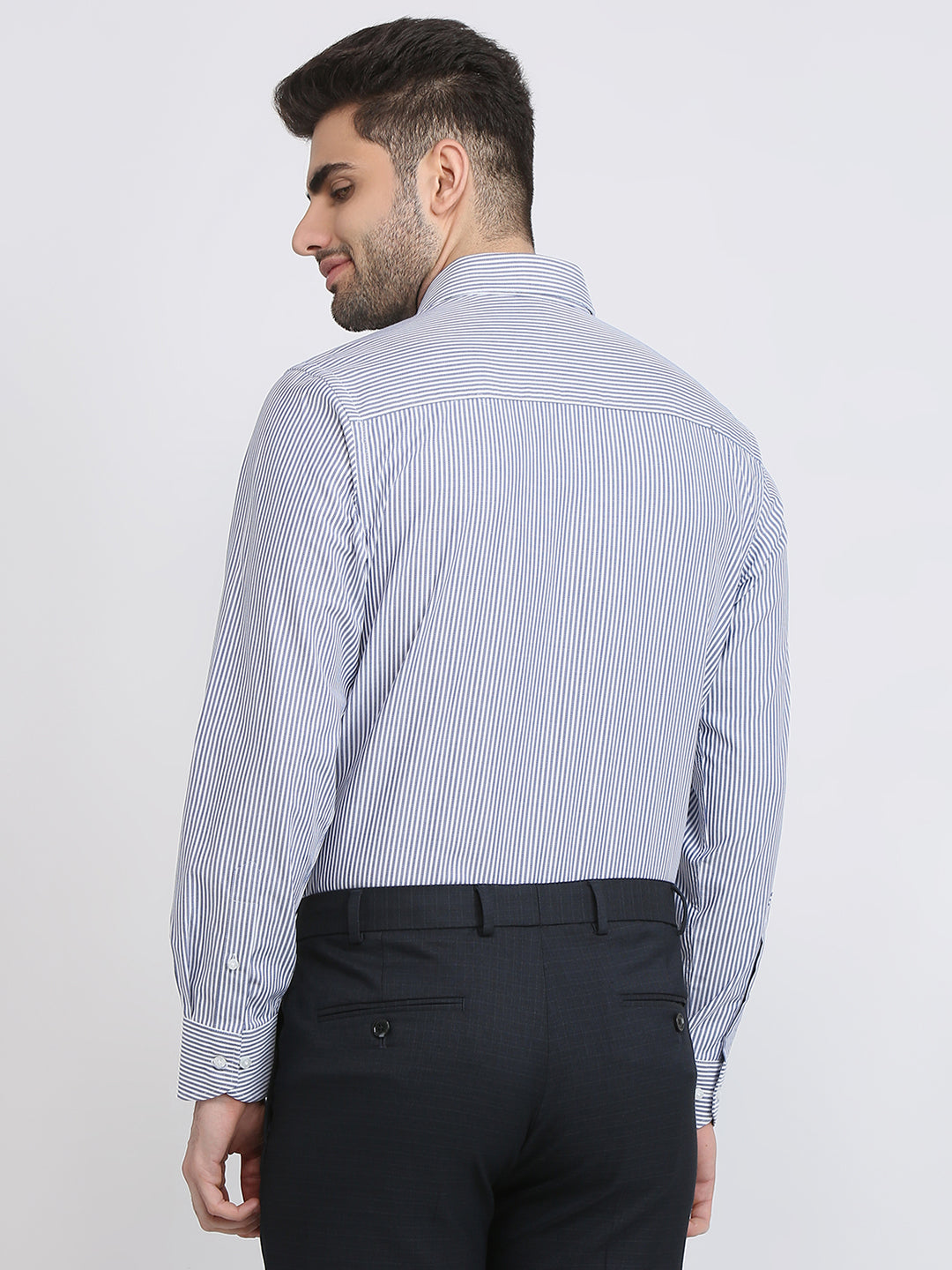 Raymond Men Blue Stripe Regular Fit Cotton Full Sleeve Formal Shirt