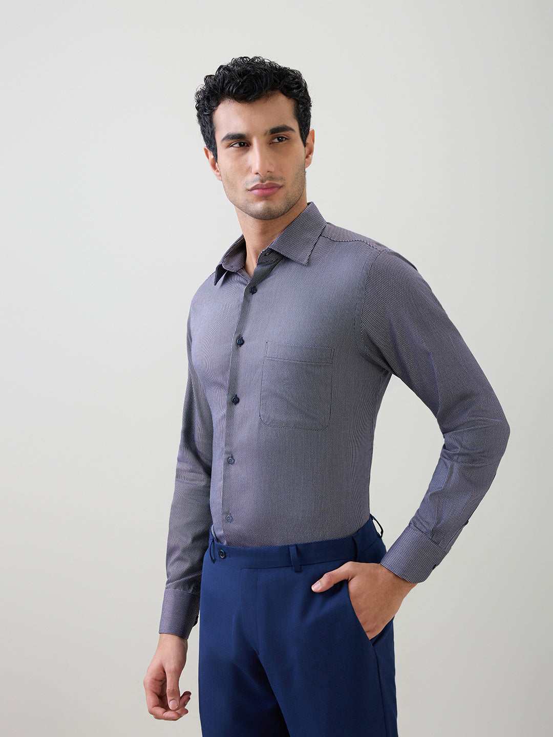 Raymond Men Blue Stripe Regular Fit Cotton Full Sleeve Formal Shirt