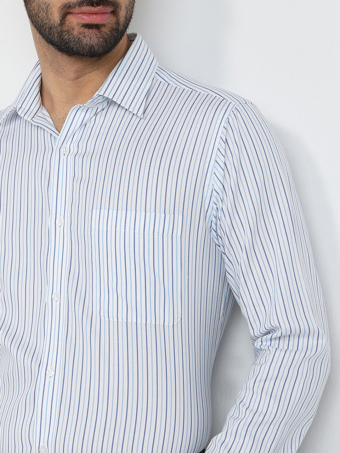 Raymond Men Blue Stripe Slim Fit Cotton Formal Shirt