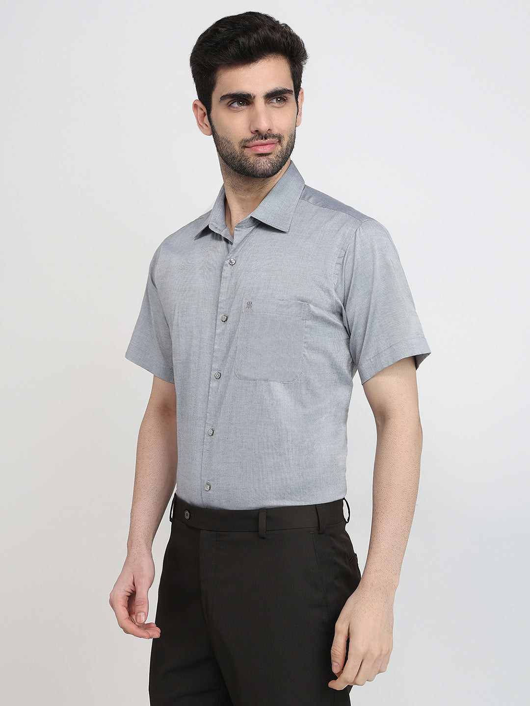 Raymond Men Grey Solid Chambray Regular Fit Cotton Half Sleeve Formal Shirt