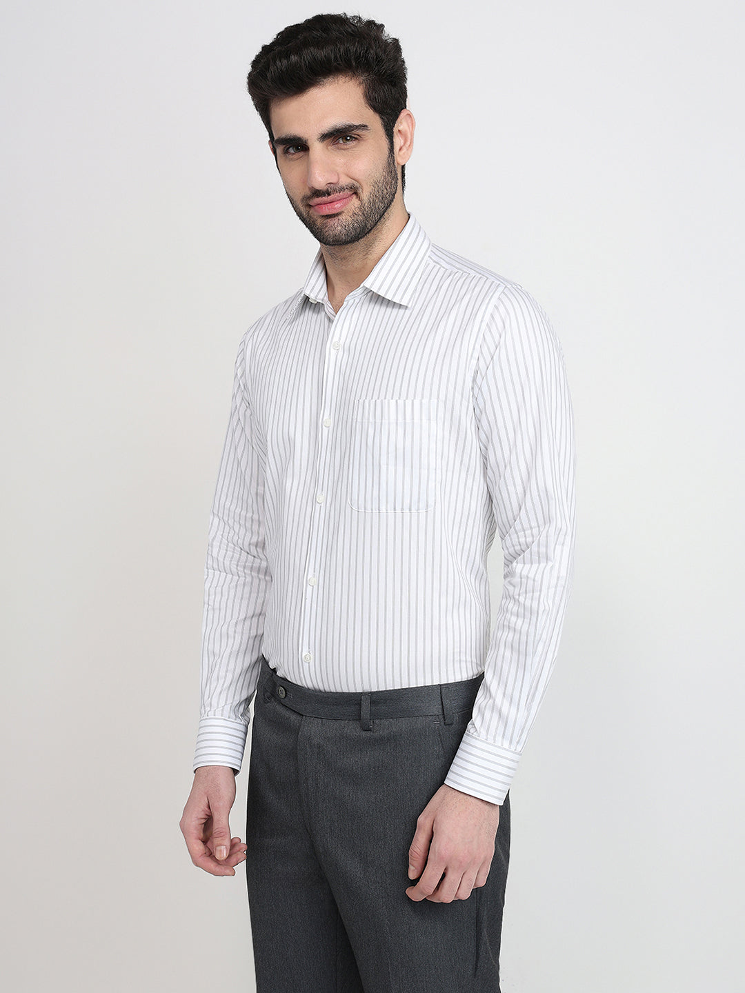 Raymond Men Grey Stripe Regular Fit Cotton Full Sleeve Formal Shirt
