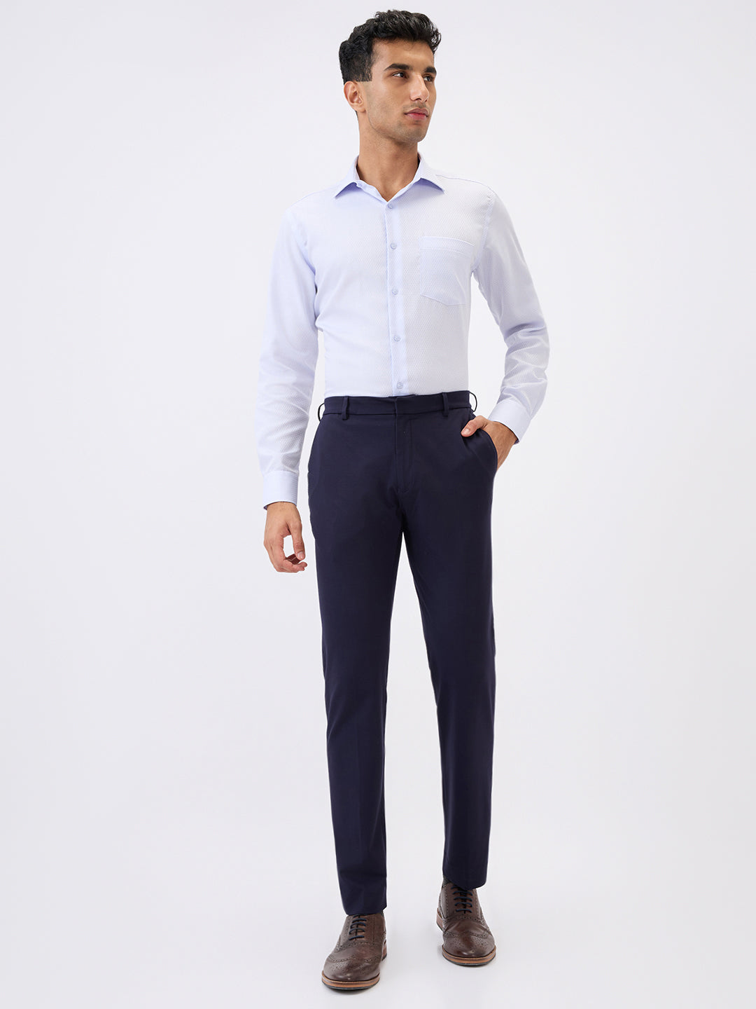 Raymond Men Blue Solid Slim Fit Terry Blend Trouser