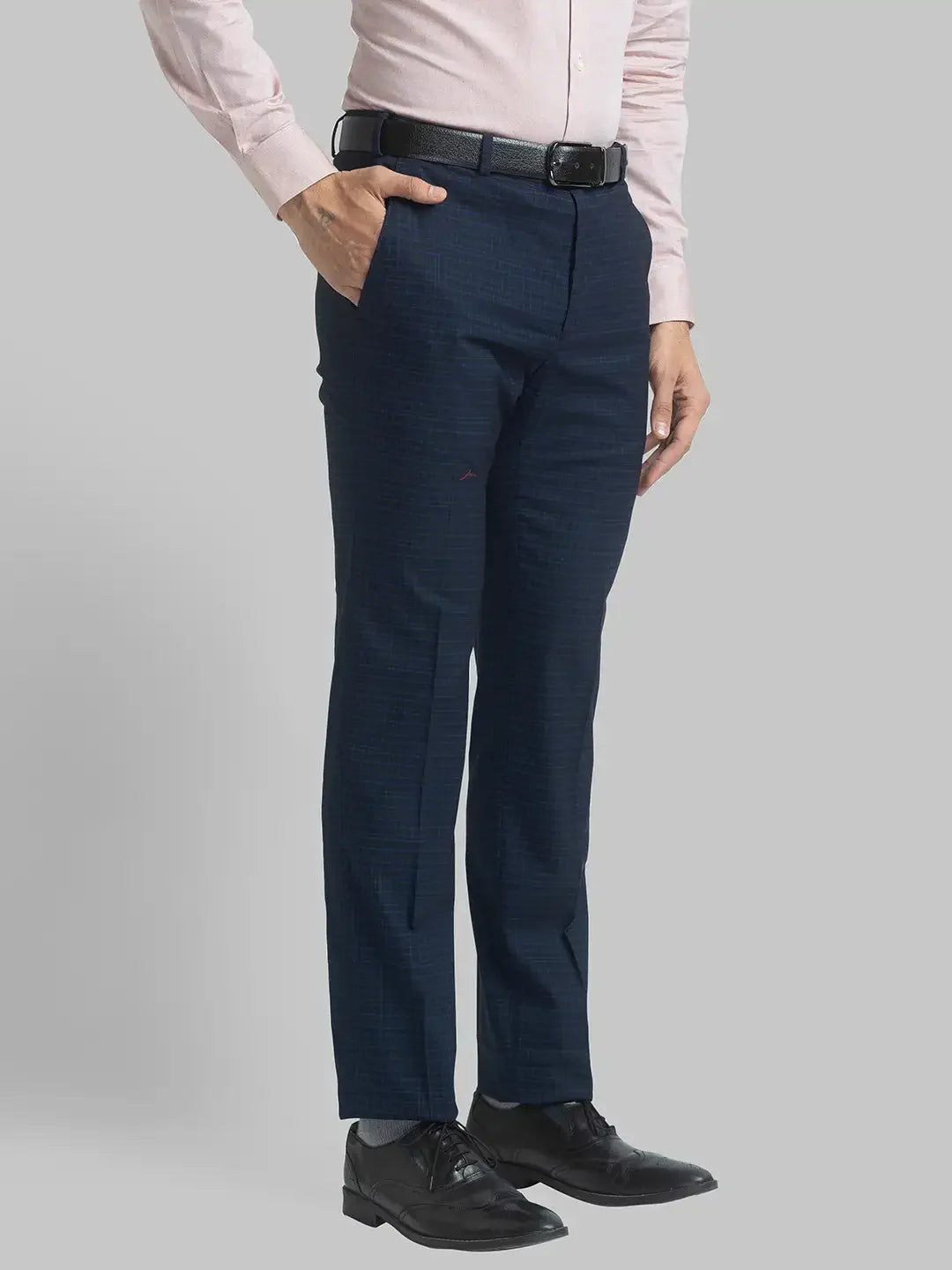 Men Blue Slim Fit Checks Terylene Rayon Spandex Blend Trouser