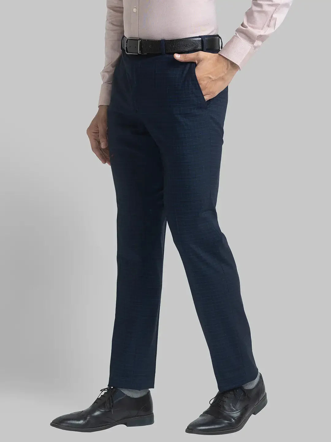 Men Blue Slim Fit Checks Terylene Rayon Spandex Blend Trouser