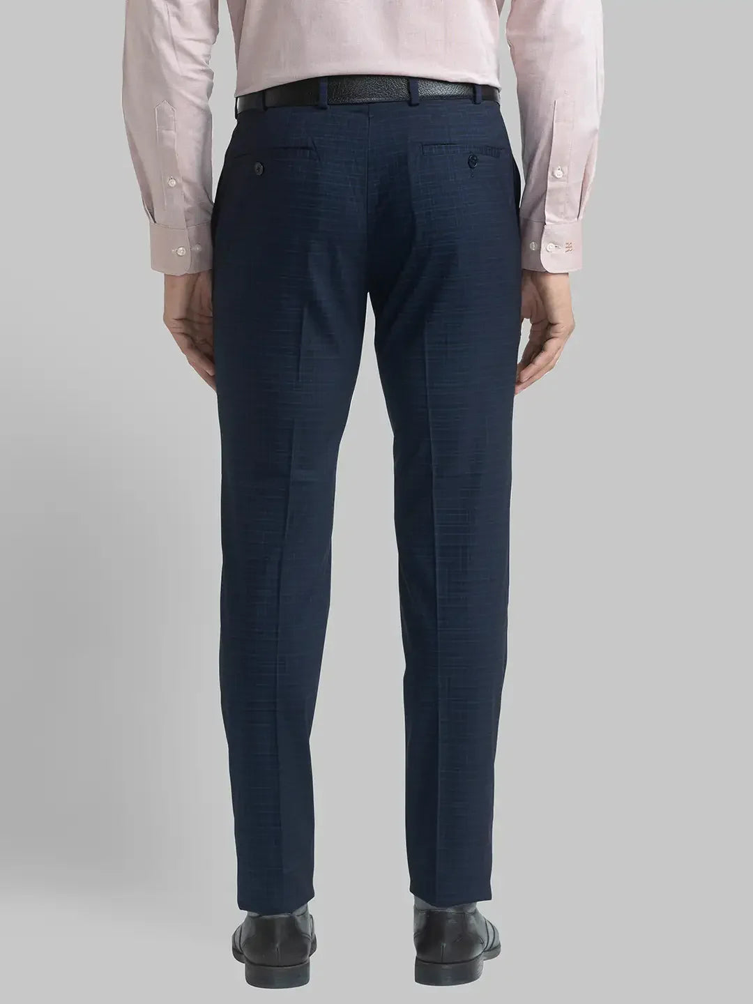 Men Blue Slim Fit Checks Terylene Rayon Spandex Blend Trouser