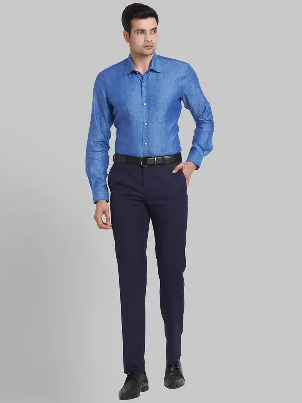 Men Blue Contemporary Fit Solid Polyester Blend Trouser