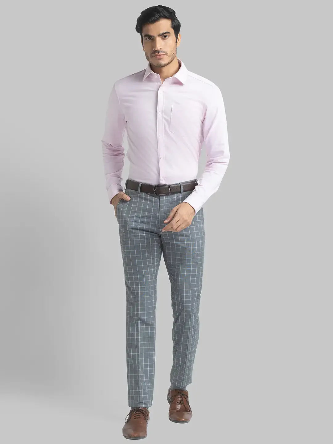 Men Grey Slim Fit Checks Polyester Blend Trouser