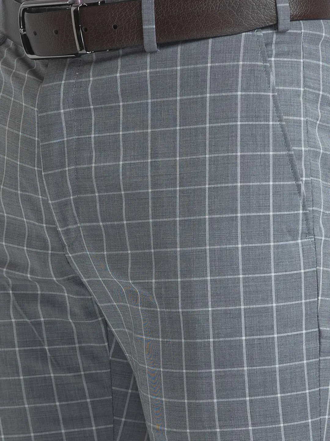 Men Grey Slim Fit Checks Polyester Blend Trouser