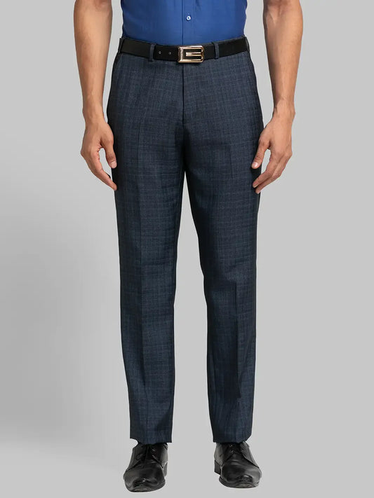 Men Blue Slim Fit Checks Terry Rayon Blend Trouser