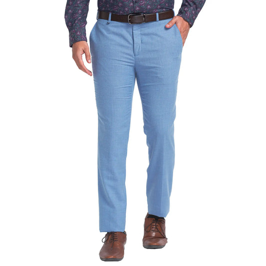 Men Blue Slim Fit Structure Polyester Blend Trouser