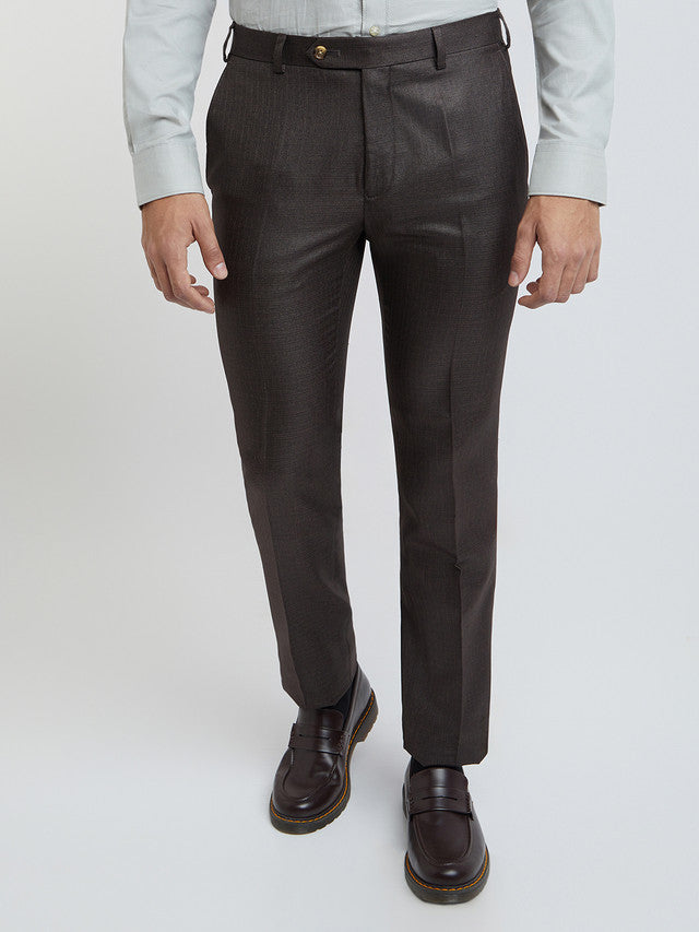 Men Brown Slim Fit Structure Polyester Trouser