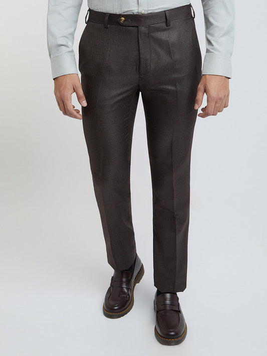 Men Brown Slim Fit Structure Polyester Trouser