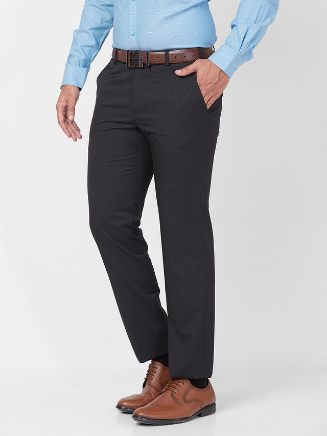 Raymond Men Black Stripe Slim Fit Polyester Blend Trouser