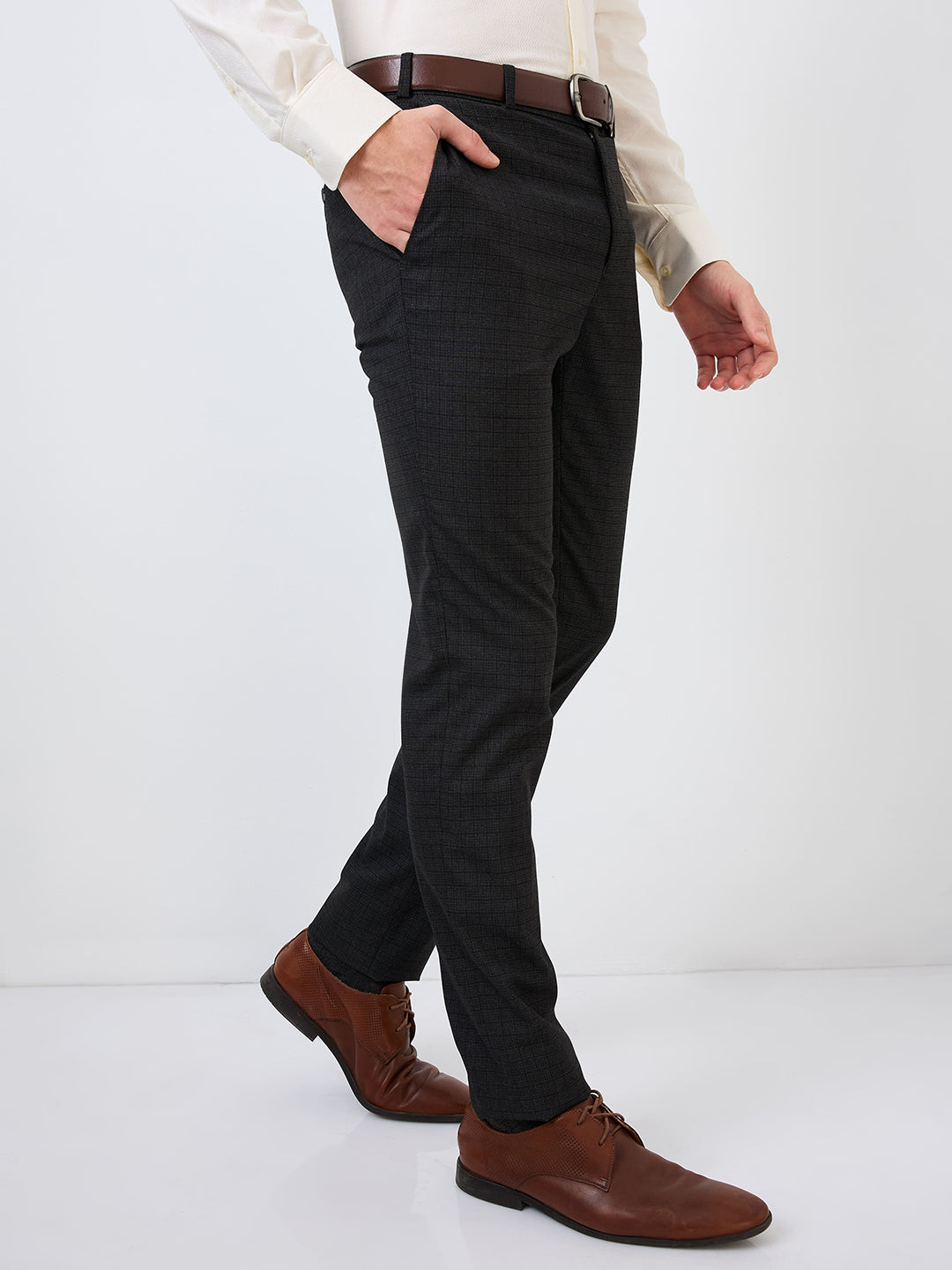 Raymond Men Grey Checks Slim Fit Polyester Blend Trouser