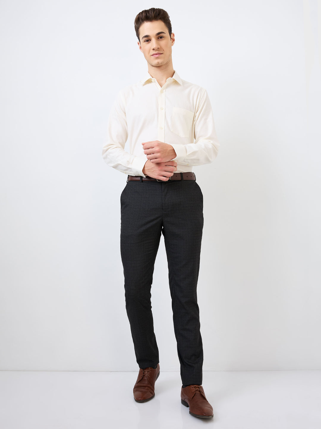 Raymond Men Grey Checks Slim Fit Polyester Blend Trouser