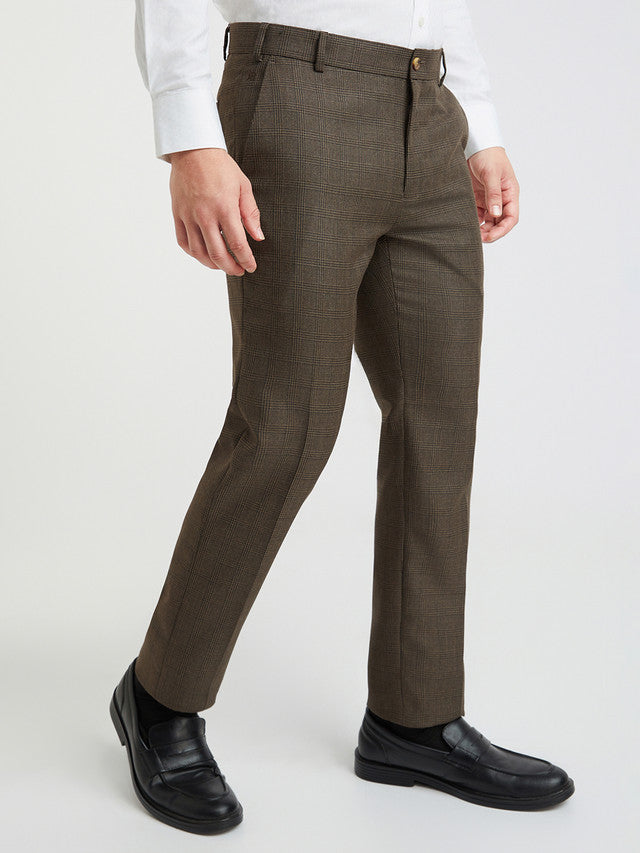 Raymond Men Brown Checks Slim Fit Polyester Blend Trouser