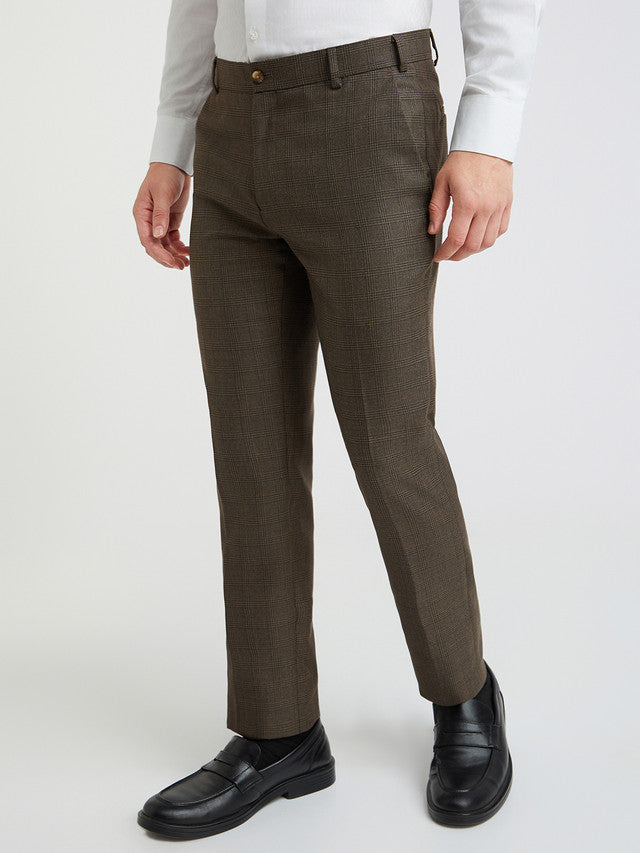 Raymond Men Brown Checks Slim Fit Polyester Blend Trouser
