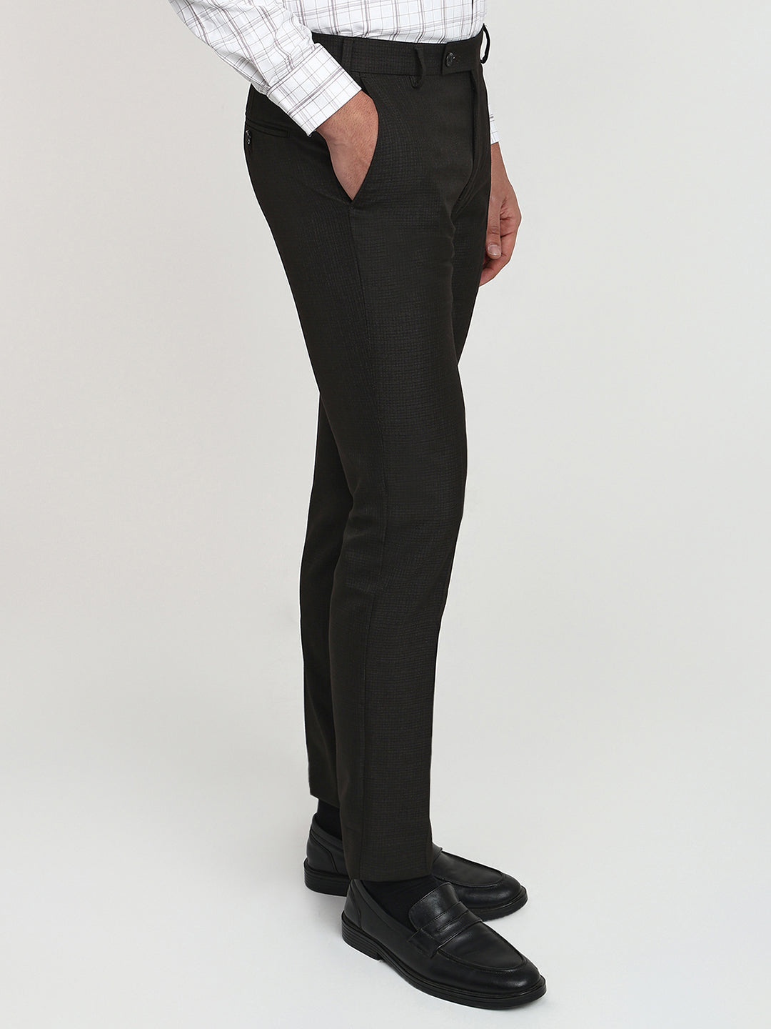 Raymond Men Brown Checks Slim Fit Polyester Blend Trouser