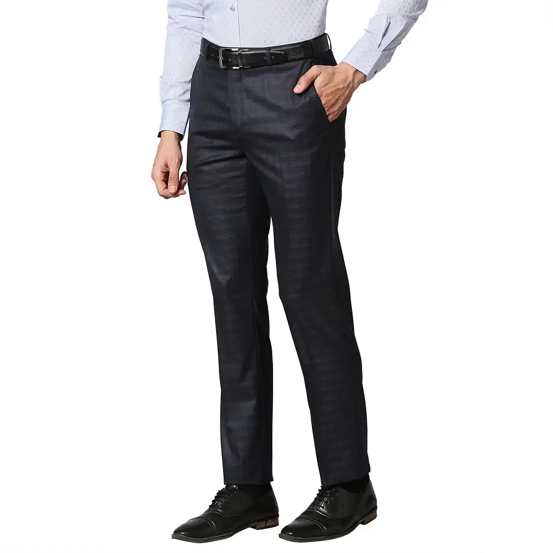 Men Blue Contemporary Fit Checks Polyester Blend Trouser