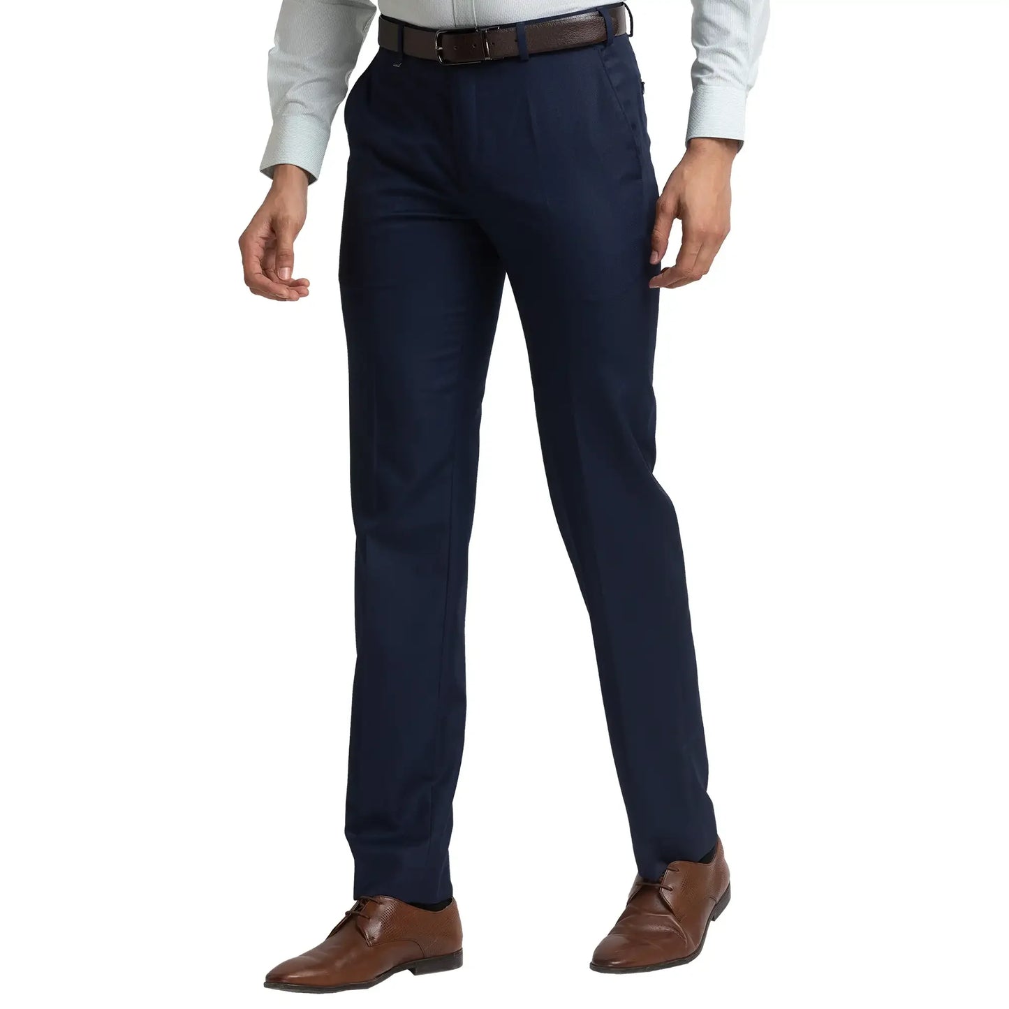 Men Blue Contemporary Fit Solid Polyester Blend Trouser