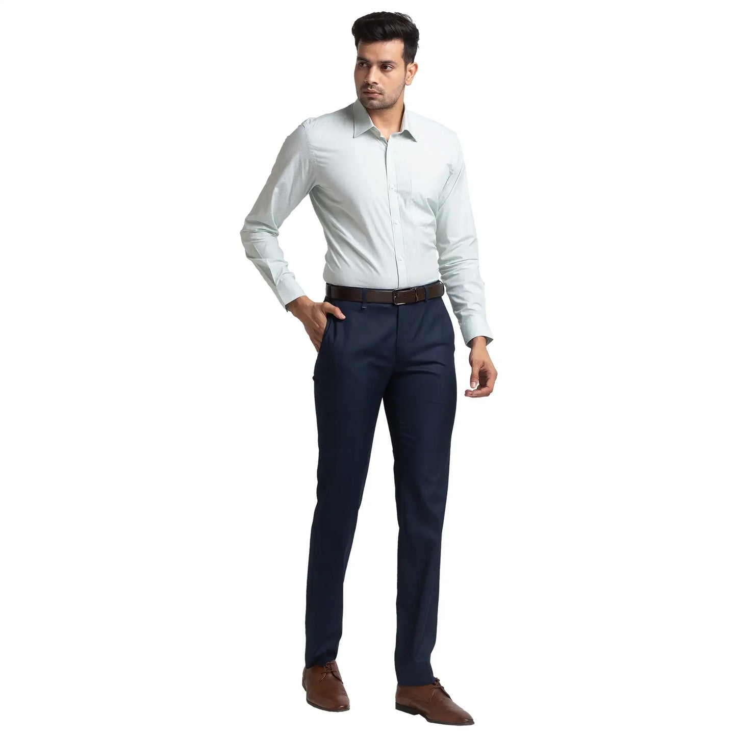 Men Blue Contemporary Fit Solid Polyester Blend Trouser