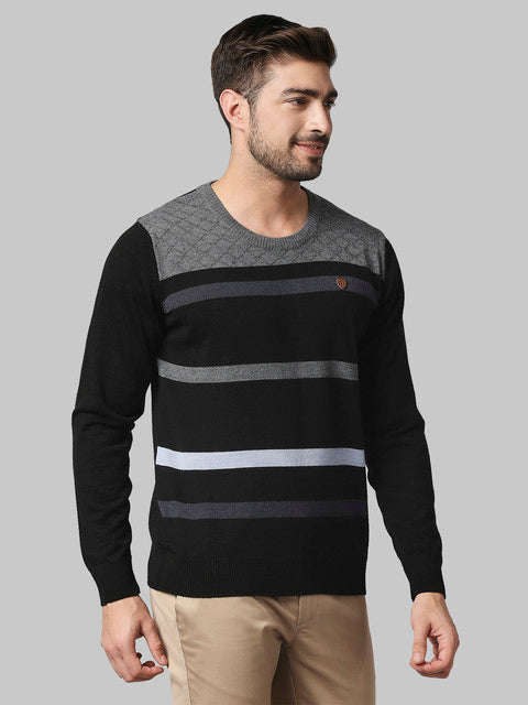 Raymond Men Black Stripe Regular Fit Acrlic Blend Sweater