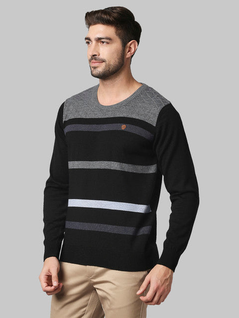 Raymond Men Black Stripe Regular Fit Acrlic Blend Sweater