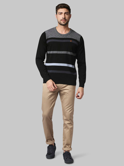 Raymond Men Black Stripe Regular Fit Acrlic Blend Sweater