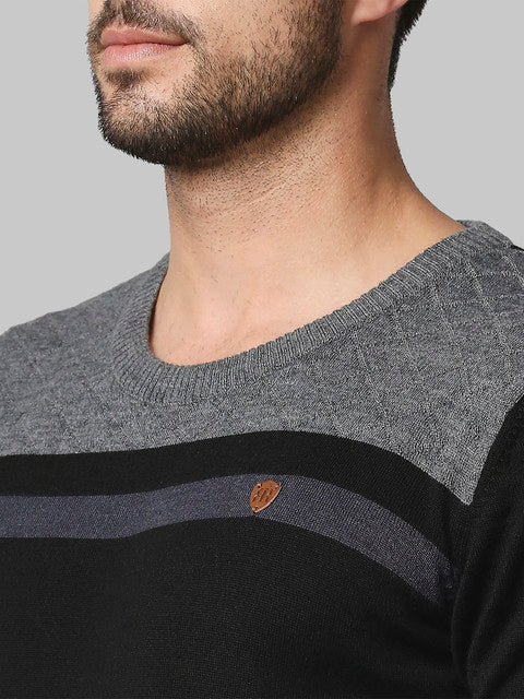Raymond Men Black Stripe Regular Fit Acrlic Blend Sweater